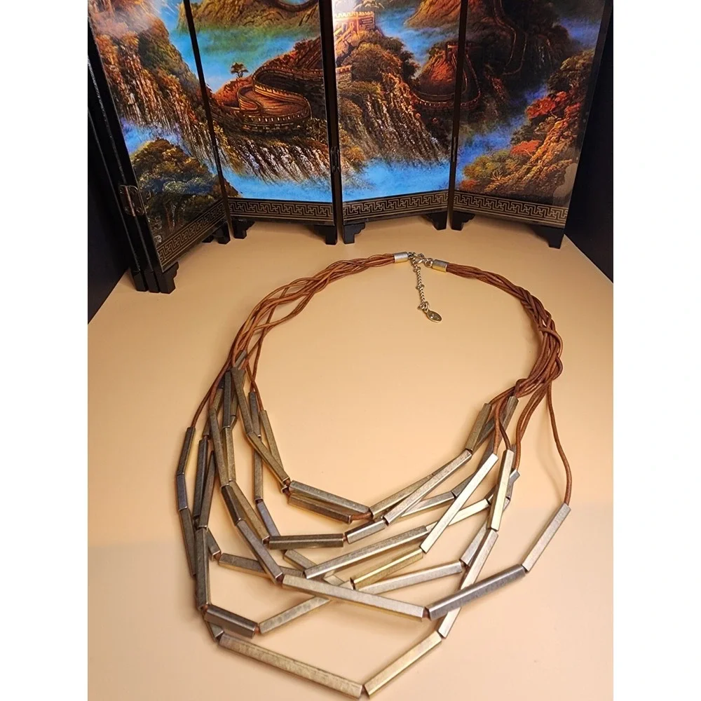 ANN TAYLOR LOFT Signed Necklace Multi-Strand‎ Braided Cord Metal Bar FREE $HIP!!